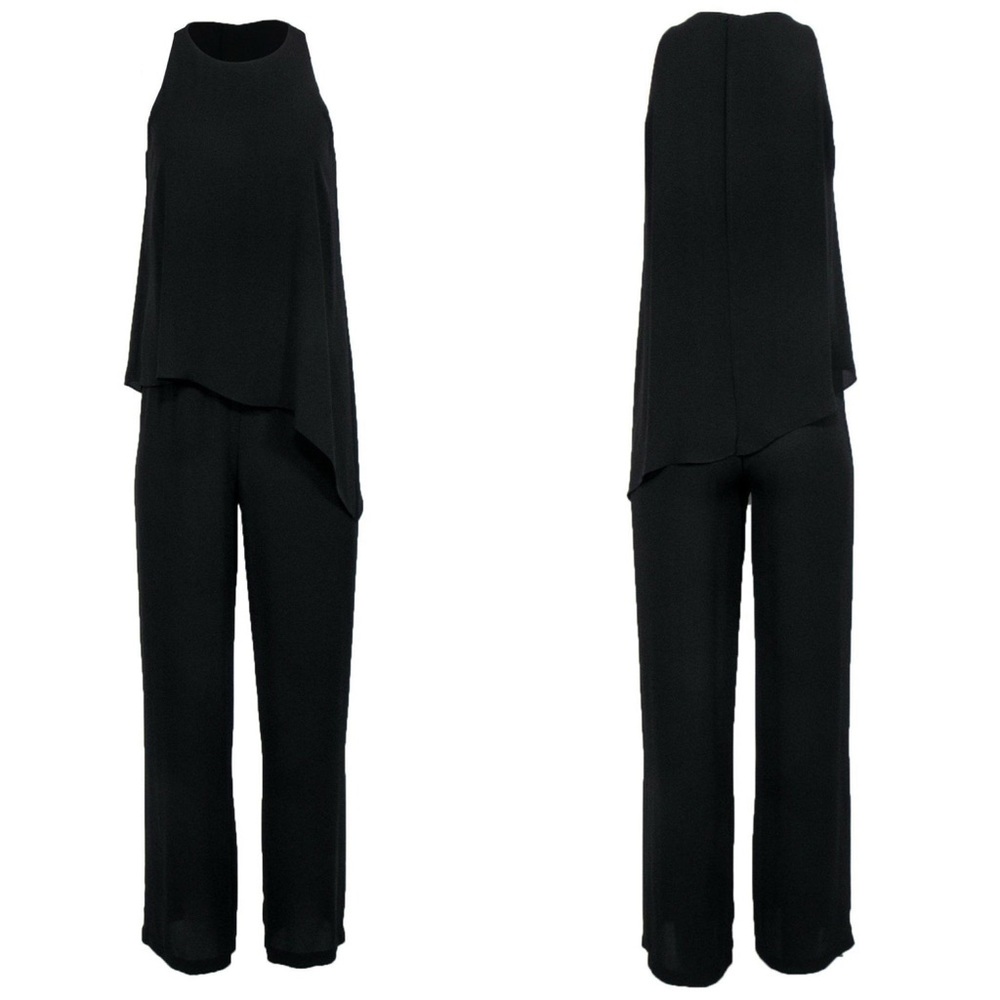 BCBG MaxAzria Sleeveless Pintuck Wide Leg Jumpsuit w/ Layered Top Sz M Black